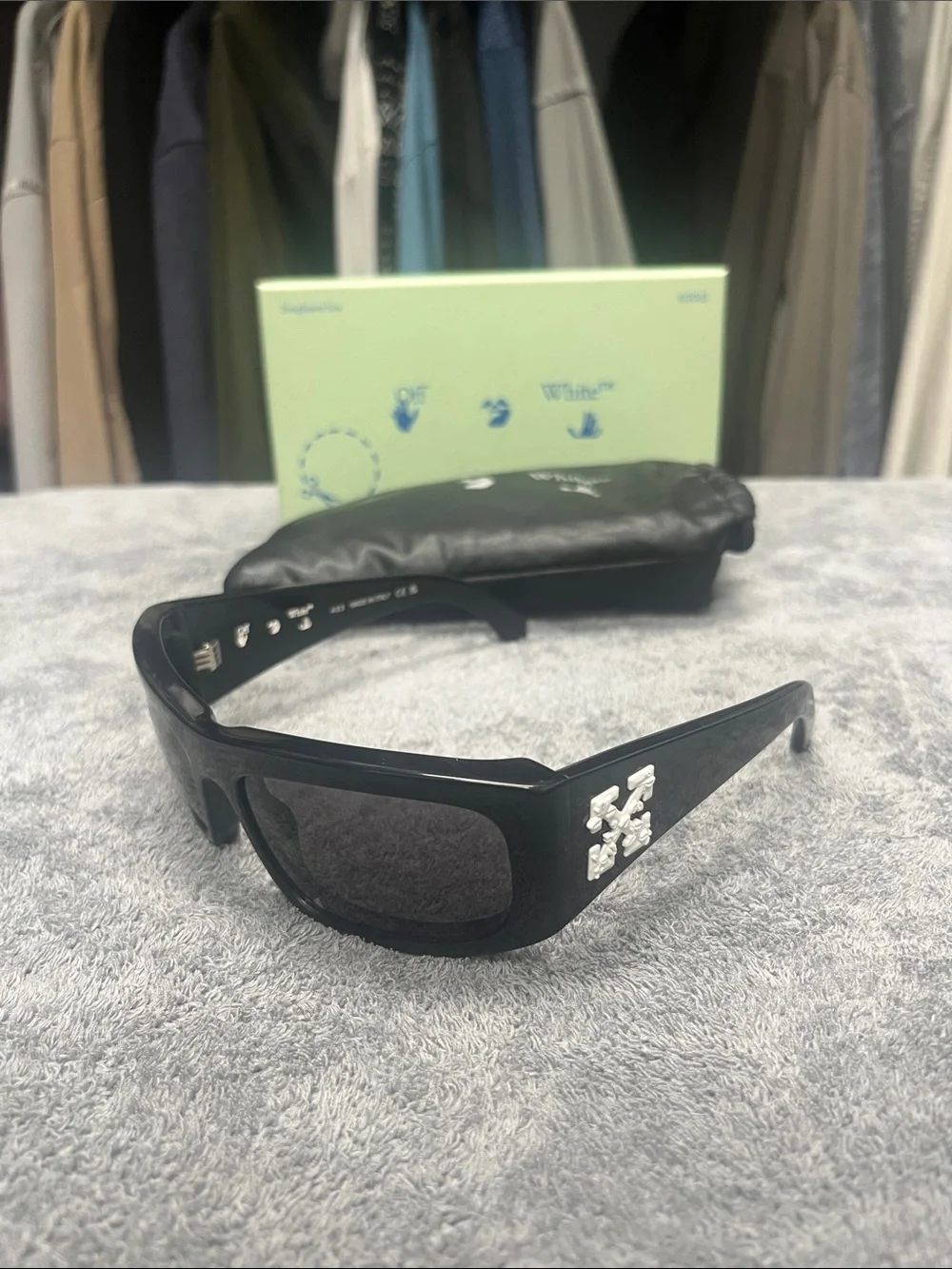 Off-White Black Rectangular Sunglasses with Black Soft Pouch and Original Box